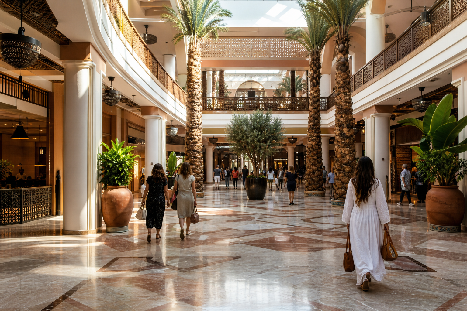 Grand atrium lumineux avec ambiance de promenade premium
